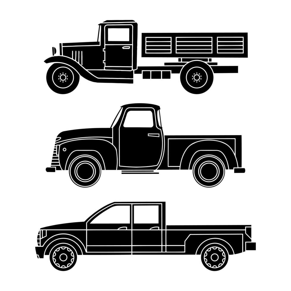 silhuetas de carros antigos pretos. caminhões e suvs. ilustração vetorial vetor