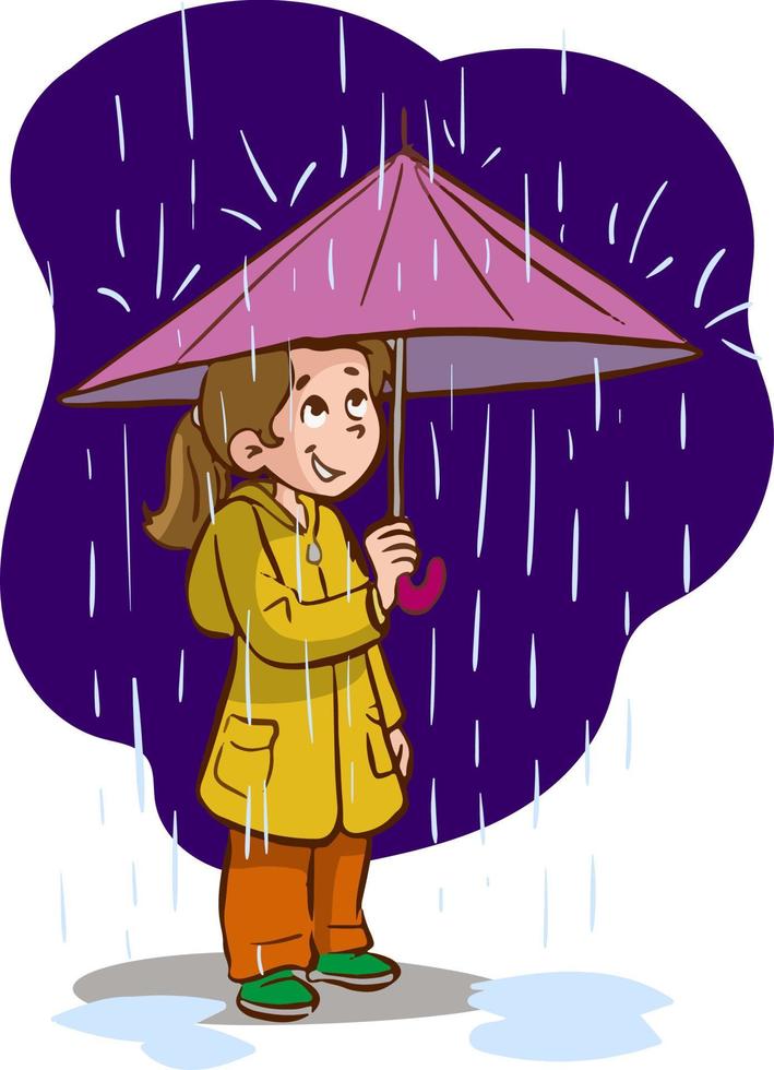 menina com guarda-chuva em desenho animado de tempo chuvoso vetor