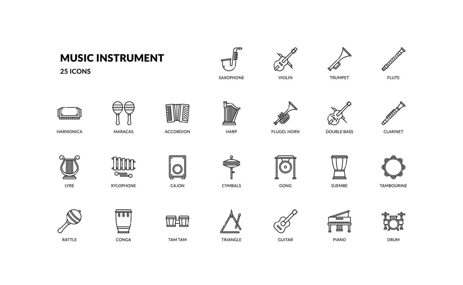 instrumento musical concerto músico ferramenta entretenimento conjunto de ícones de contorno de linha detalhada vetor