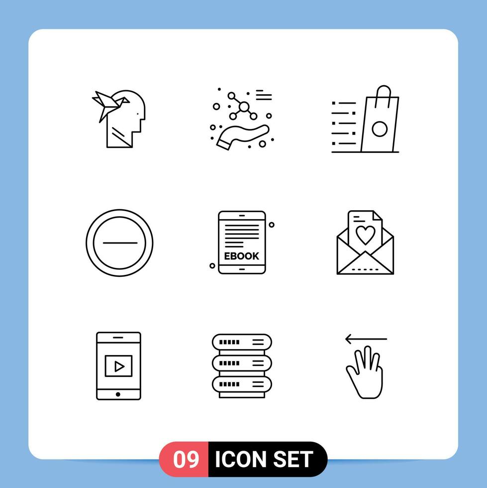conjunto moderno de 9 contornos e símbolos, como bolsa de usuário de livro eletrônico, menos elementos de design de vetores editáveis de compras