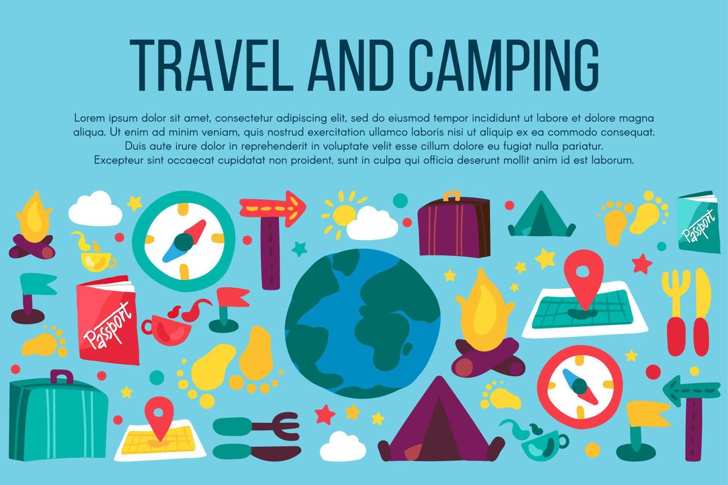 banner de desenho animado de acampamento e viagem com espaço de texto vetor