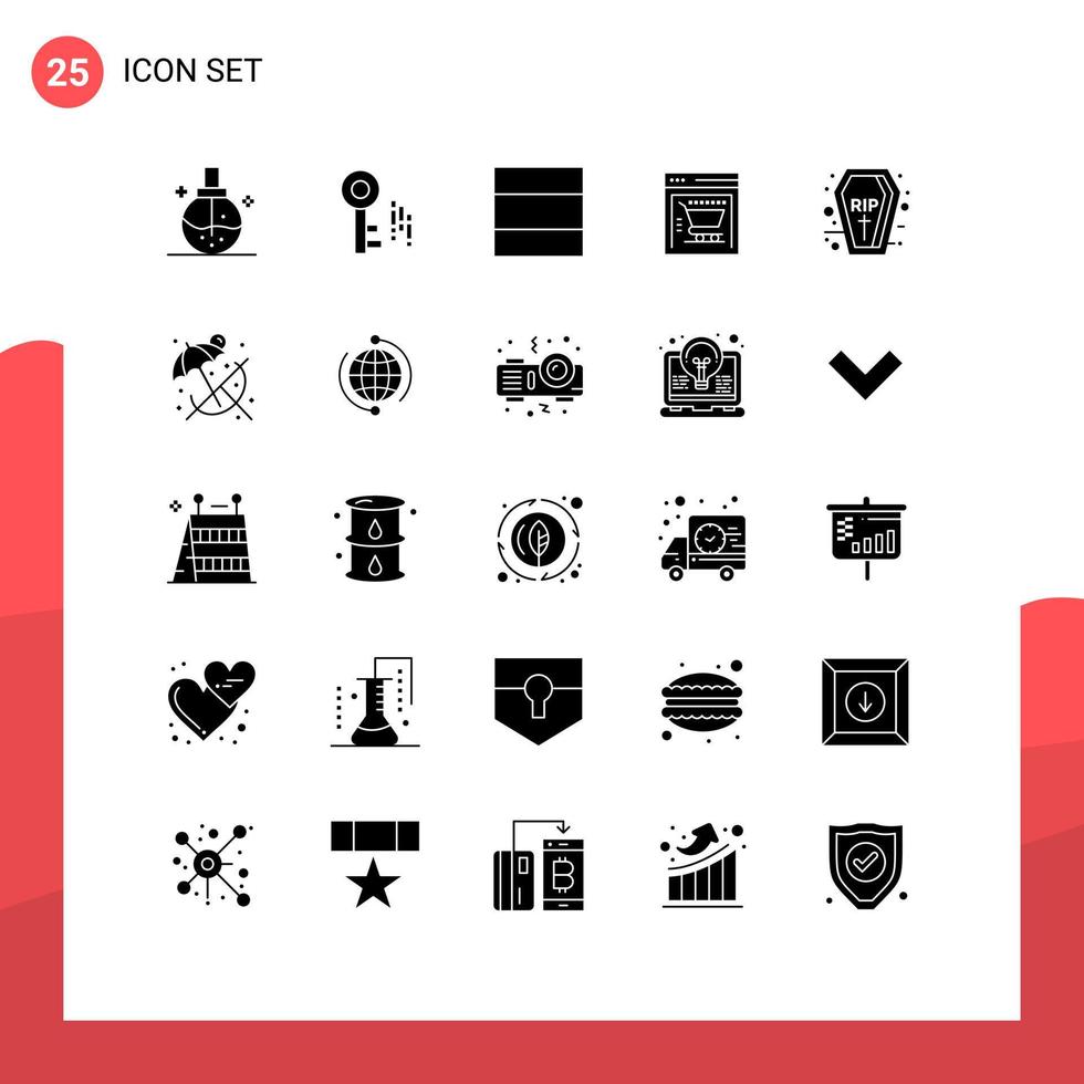 Pacote de glifos sólidos de 25 interfaces de usuário de sinais e símbolos modernos da grade de feriados na praia loja virtual de halloween elementos de design de vetores editáveis