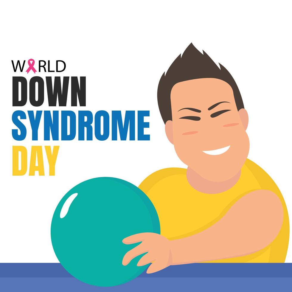 gráfico vetorial de ilustração de uma criança com síndrome de down está segurando uma bola, perfeita para o dia internacional, dia mundial da síndrome de down, comemorar, cartão de felicitações, etc. vetor