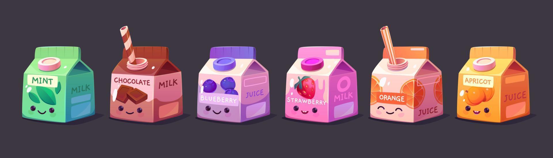 conjunto de personagens fofos de caixa de suco de leite kawaii vetor
