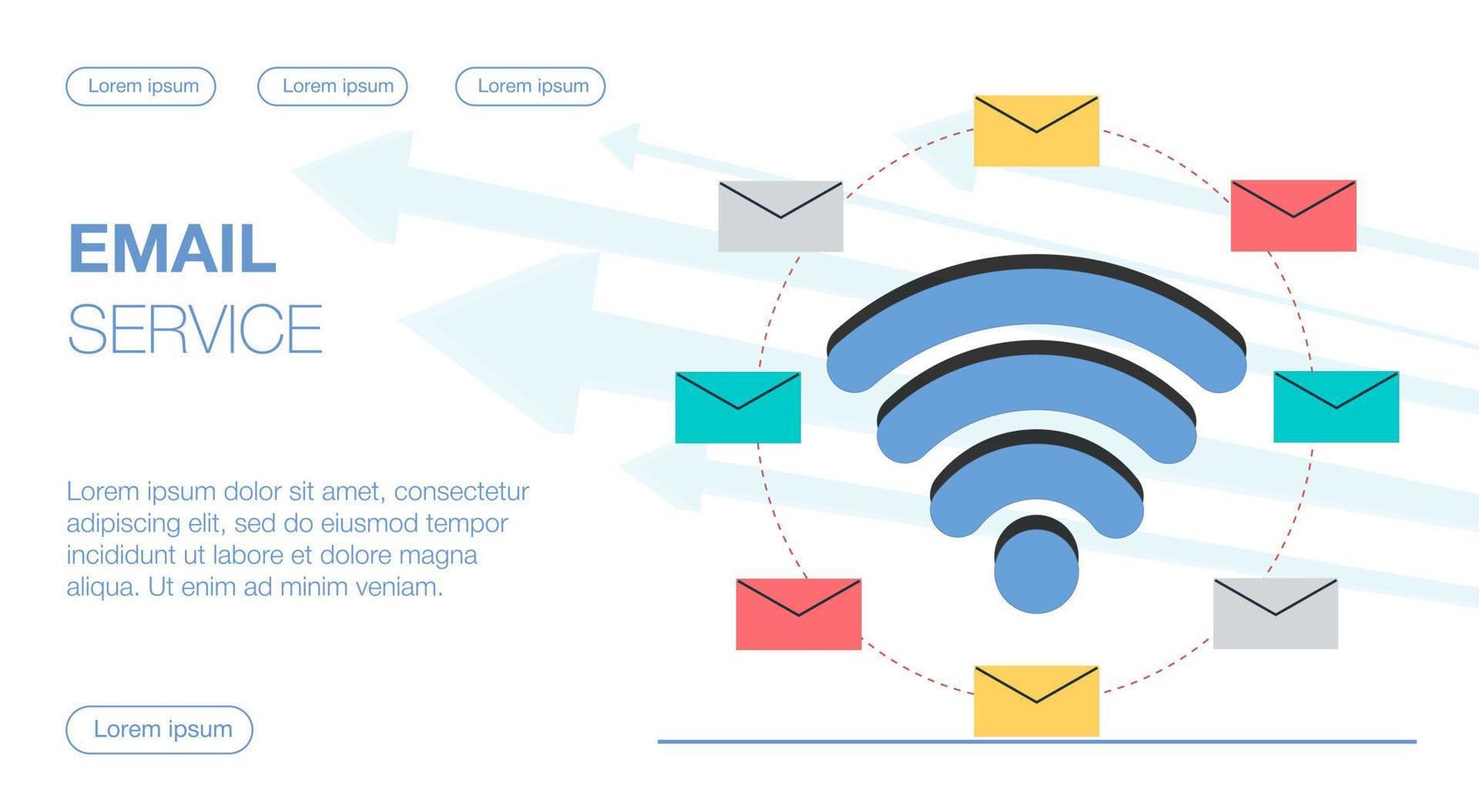 wi-fi sincroniza trocas de cartas de e-mail com um serviço de mensagens eletrônicas ilustração plana do vetor de serviço de e-mail