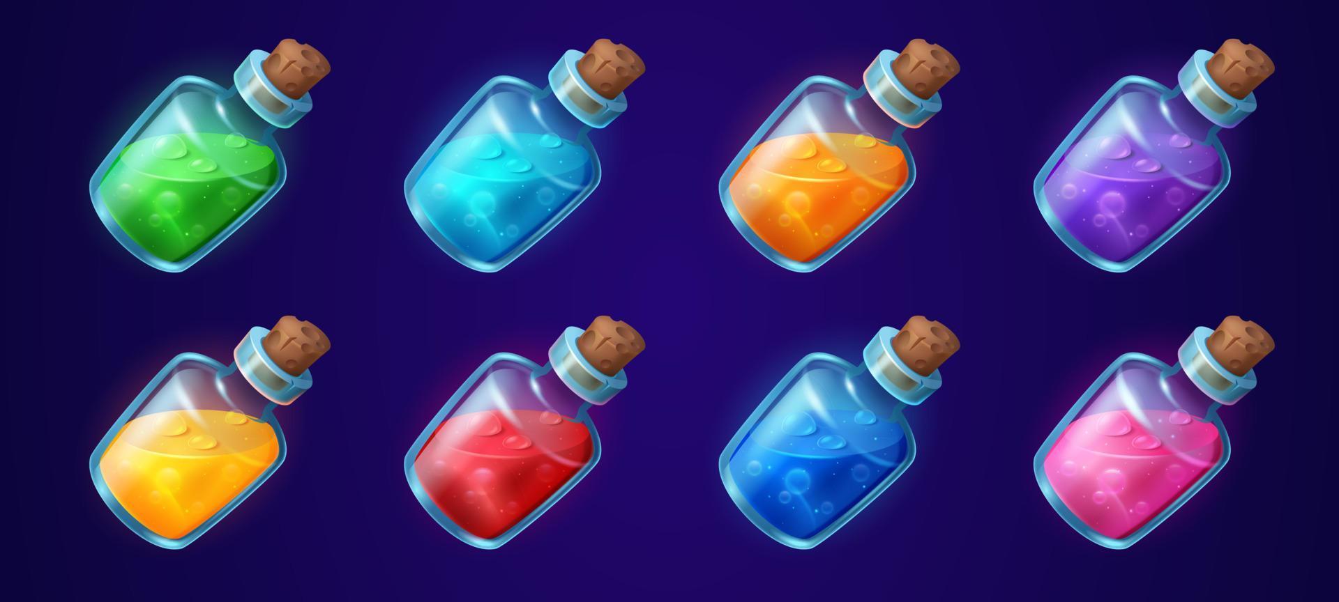 conjunto de desenhos animados de garrafas de vidro com poções coloridas vetor