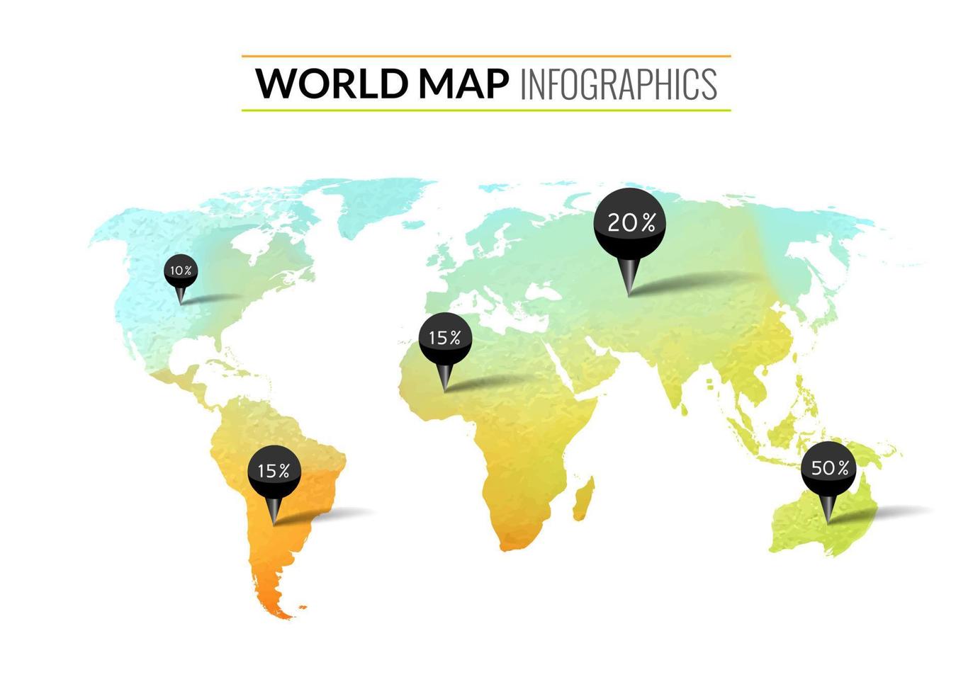 infográficos coloridos de mapa-múndi em aquarela vetorial com tags, pinos e porcentagens vetor