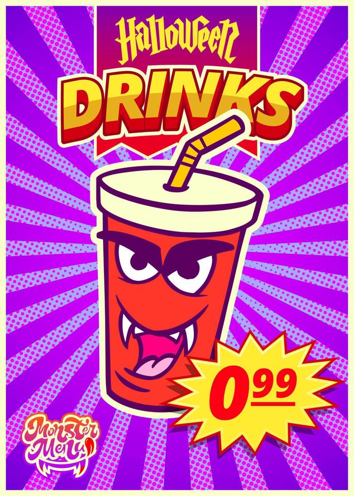 menu de bebida de monstro etiqueta de preço de banner vertical café de fast-food ilustração em vetor dia de halloween.