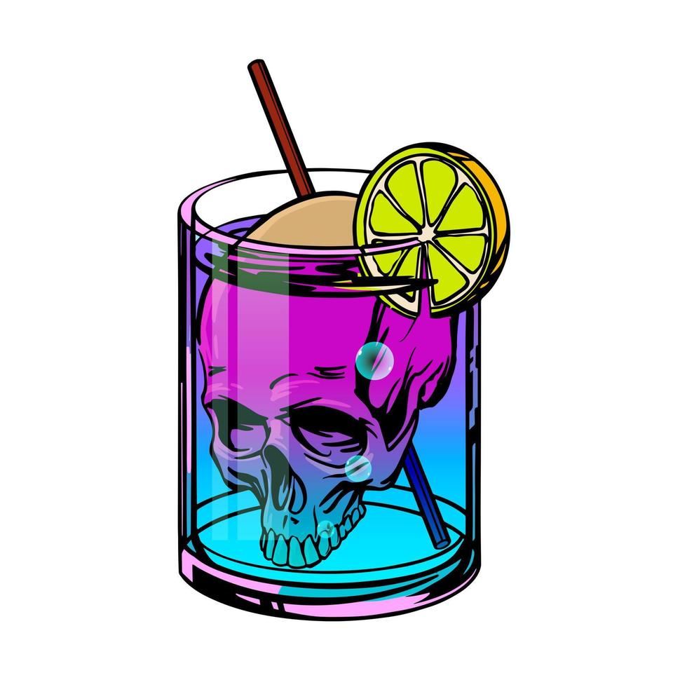 coquetel da morte com caveira e bebida neon desenhada no estilo pop art. ilustração vetorial. vetor