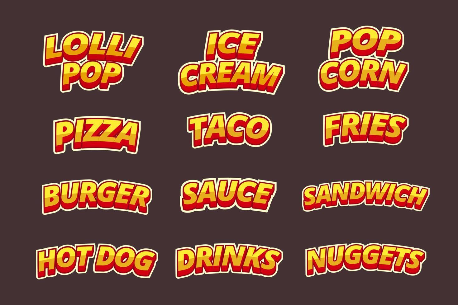 letras de nomes de pratos para fast food em estilo cômico. ilustração vetorial. vetor