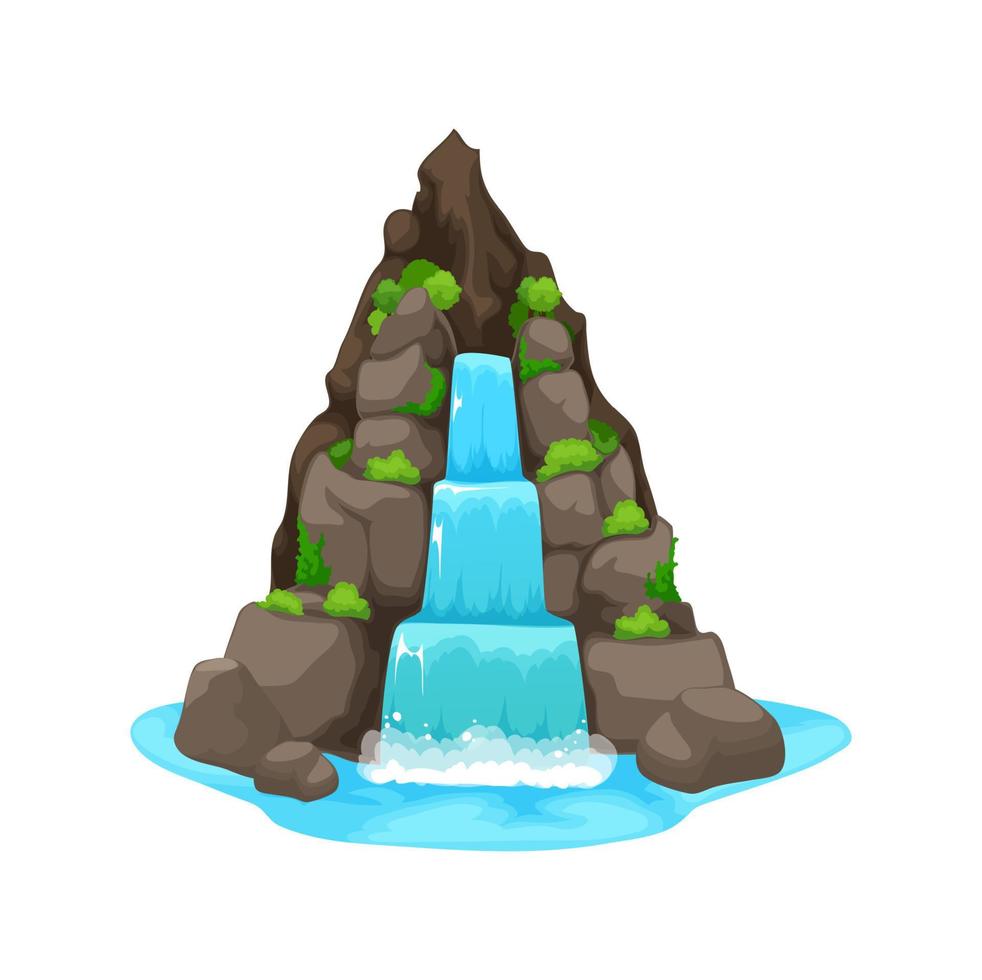 cachoeira dos desenhos animados e cascata de água caem da rocha vetor