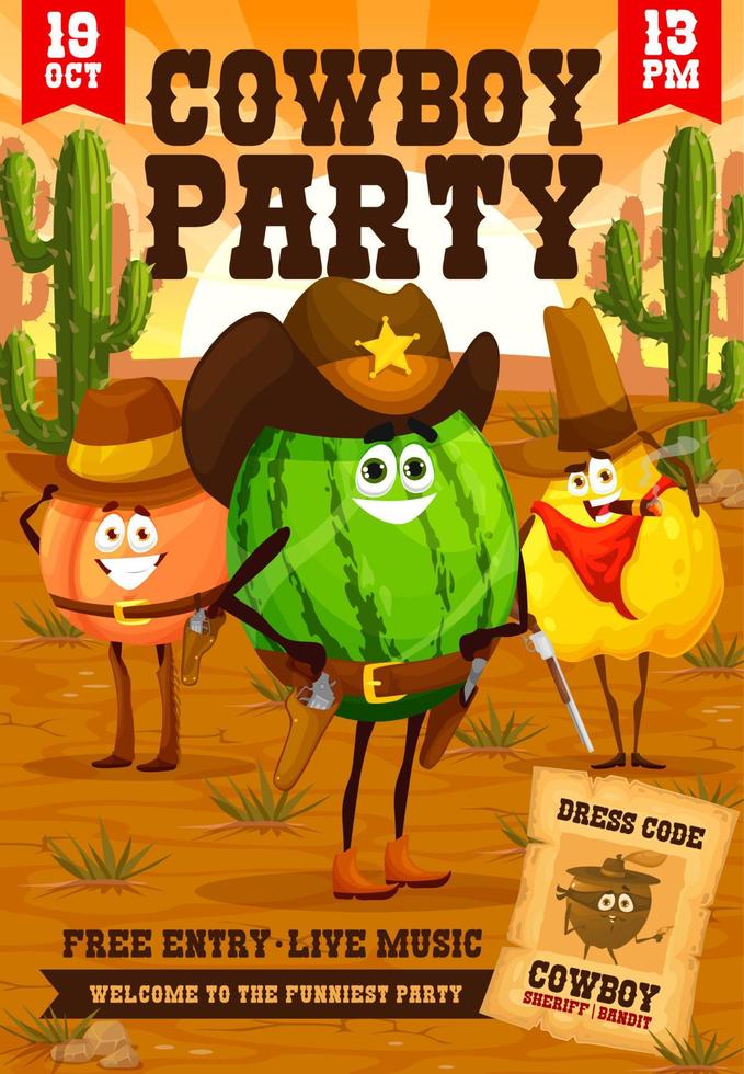folheto de festa infantil ocidental, cowboys de frutas de desenho animado vetor