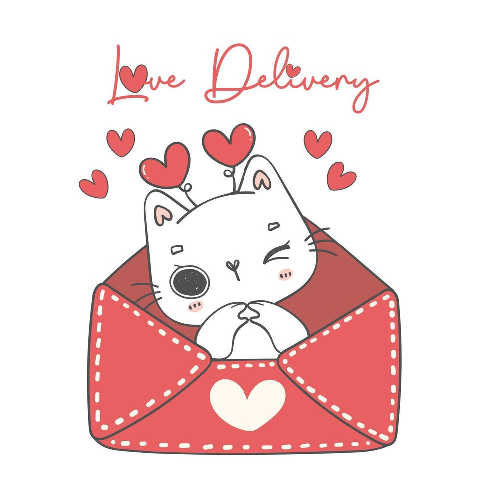 lindo doce namorado gatinho branco menina gato apaixonado envelope vermelho com corações vermelhos animal dos desenhos animados doodle desenho à mão vetor de ilustração