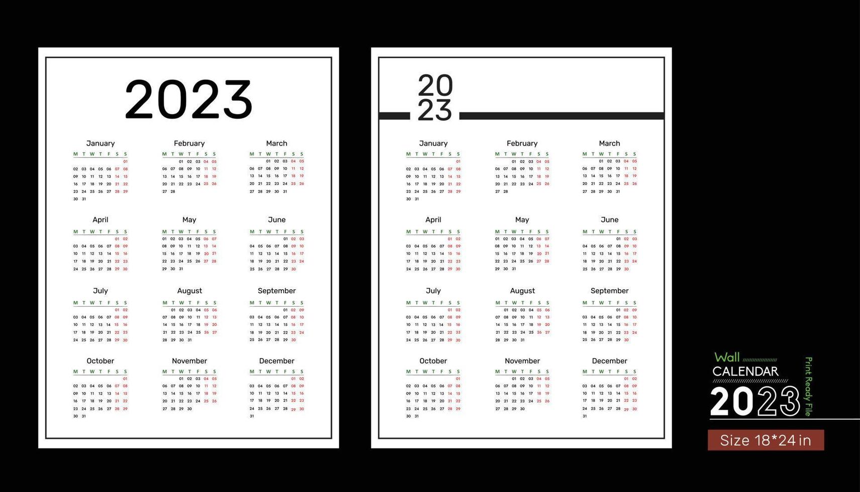 Calendário de parede de 2023 pôster de calendário de sala moderno e limpo tamanho de 18 x 24 polegadas com fundo branco e cor vermelha indica parede decorativa de férias ou pôster de quarto calendário mensal gráficos de calendário vetor