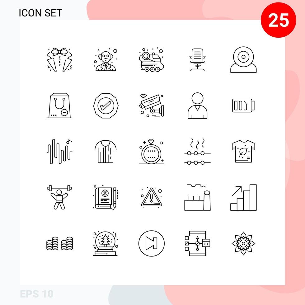 Conjunto de 25 linhas universais para aplicações web e móveis cadeira de escritório automóvel poltrona de negócios elementos de design de vetores editáveis