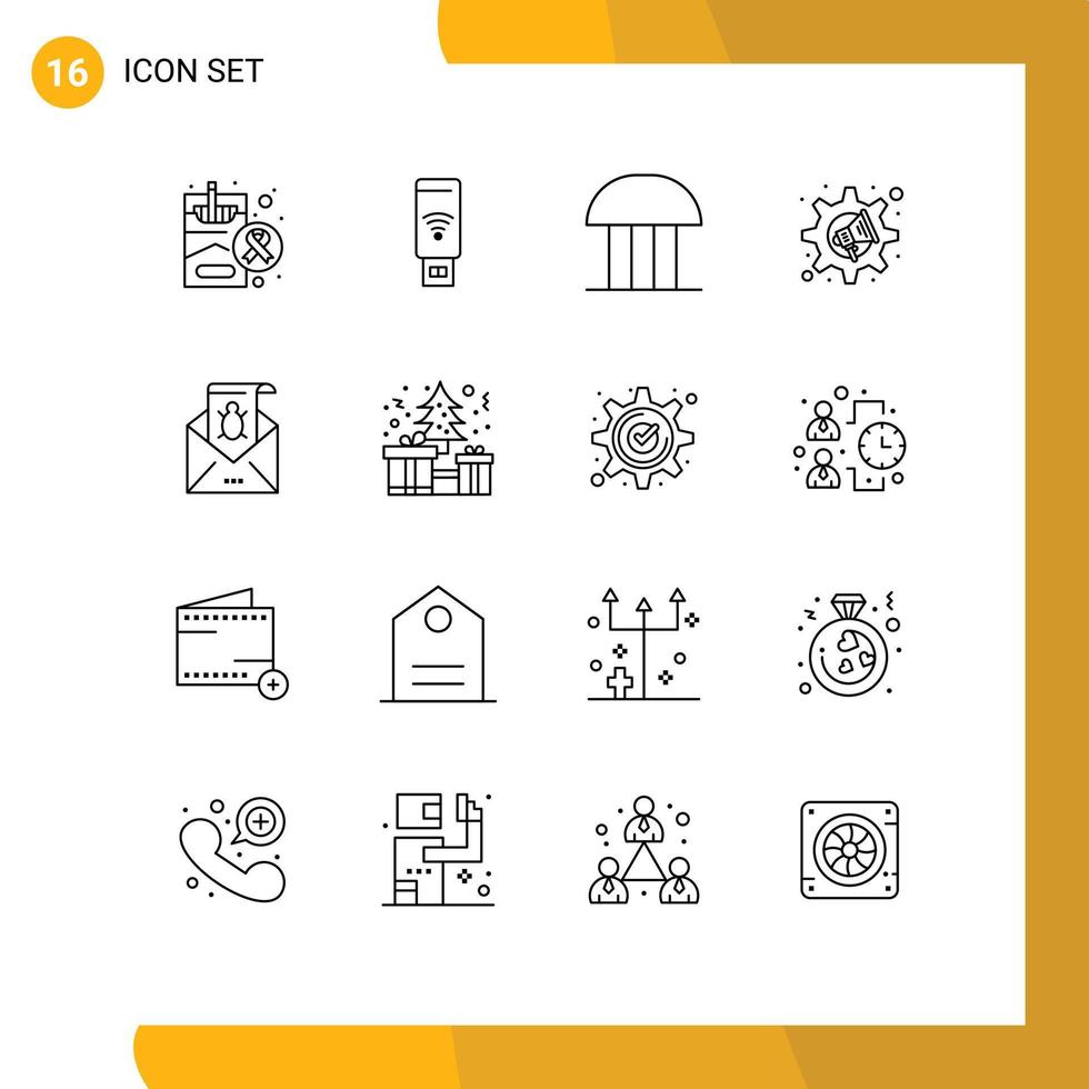 pacote de 16 sinais e símbolos de contornos modernos para mídia impressa na web, como construção de alto-falante de bug, tribunal de megafone, elementos de design vetorial editáveis vetor