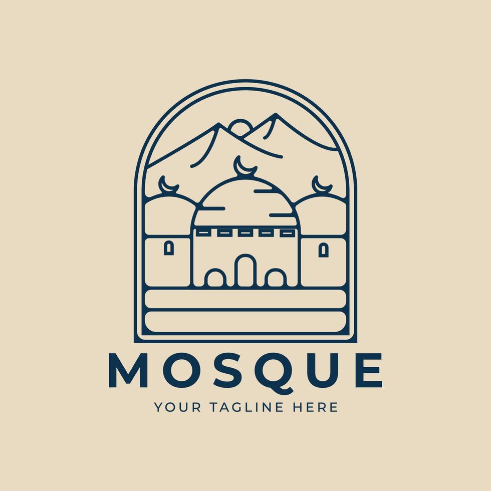 logotipo de arte de linha islâmica de mesquita minimalista com design de ilustração vetorial de montanha de emblema vetor