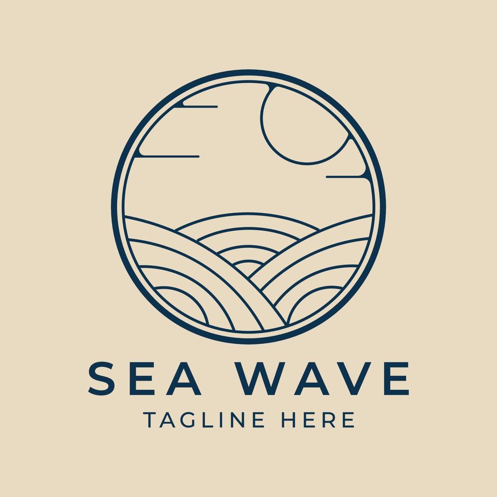 logotipo de arte de linha de ondas do mar com design de ilustração vetorial de distintivo de sol vetor