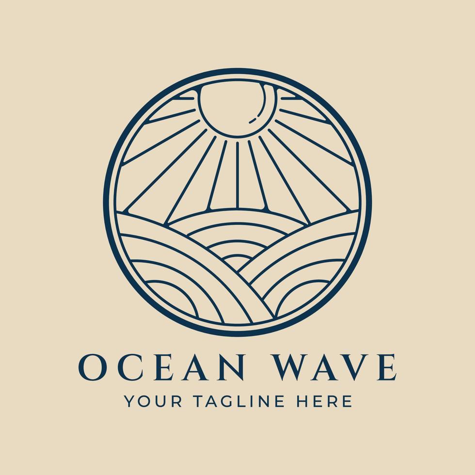logotipo de arte de linha de onda do oceano com design de ilustração vetorial de distintivo de luz solar vetor
