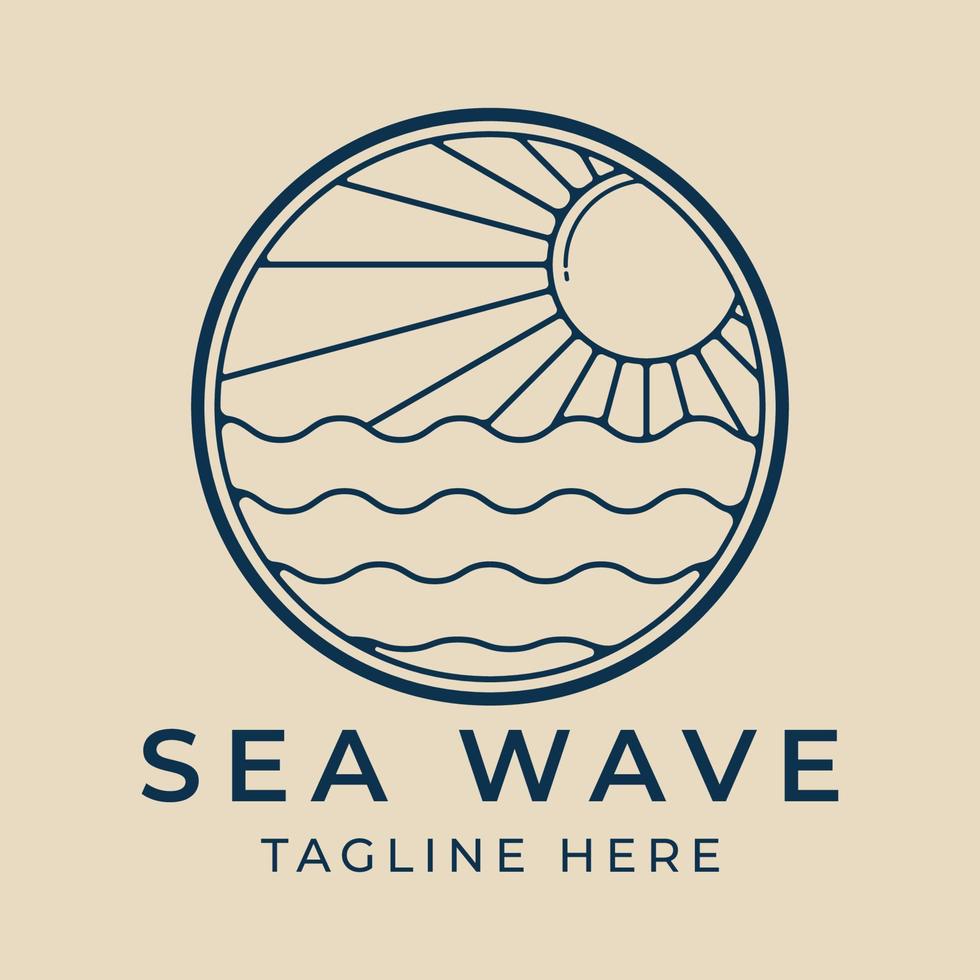 logotipo de arte de linha de onda do mar com design de ilustração vetorial de distintivo de luz solar vetor