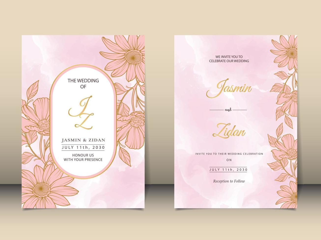 vetor premium floral minimalista de estilo de linha de convite de casamento de luxo com fundo aquarela