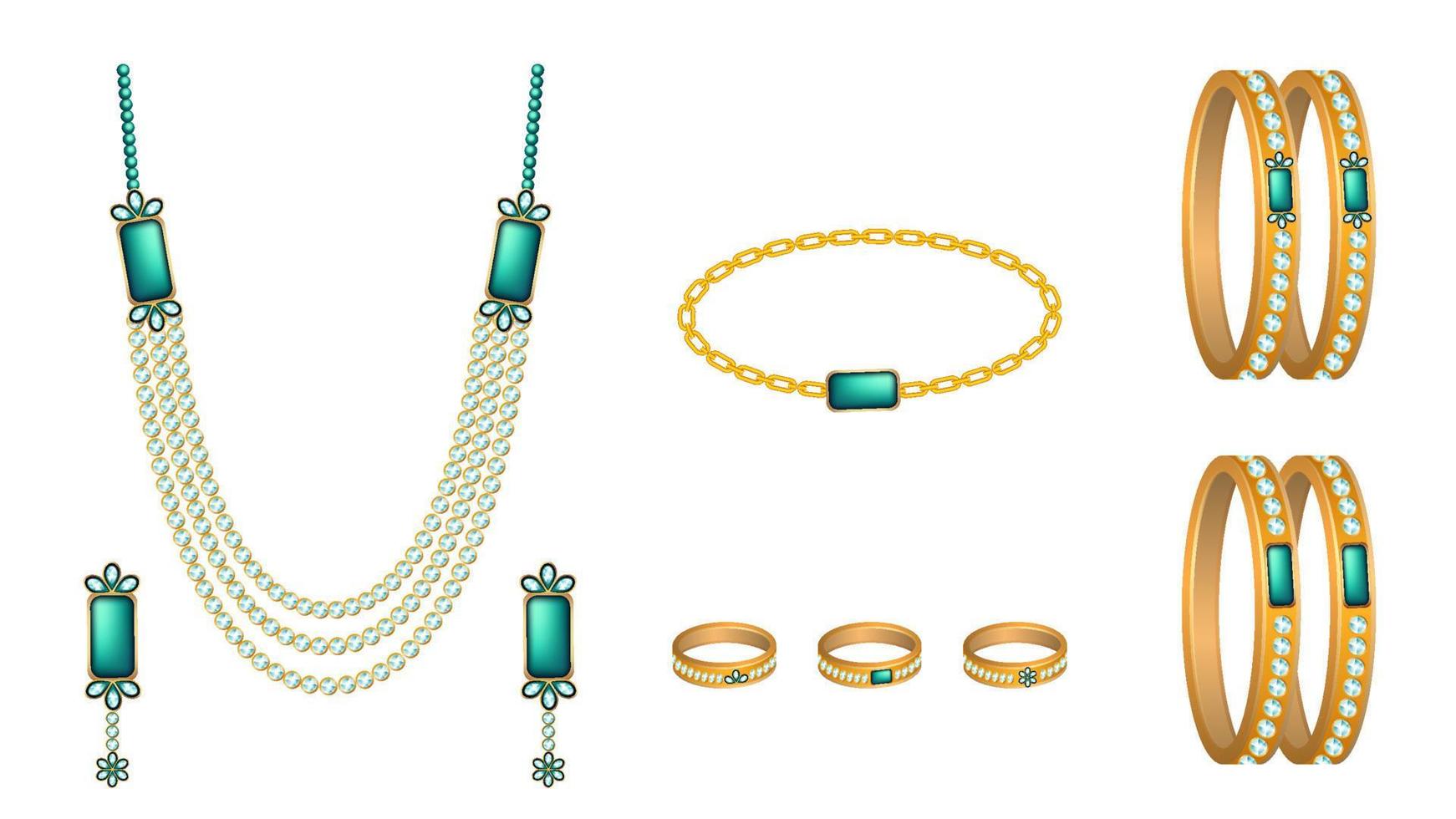 ilustração vetorial de conjunto de objetos de joias, colar, pulseiras, anéis, pulseira e conjunto de objetos vetoriais de brincos. vetor