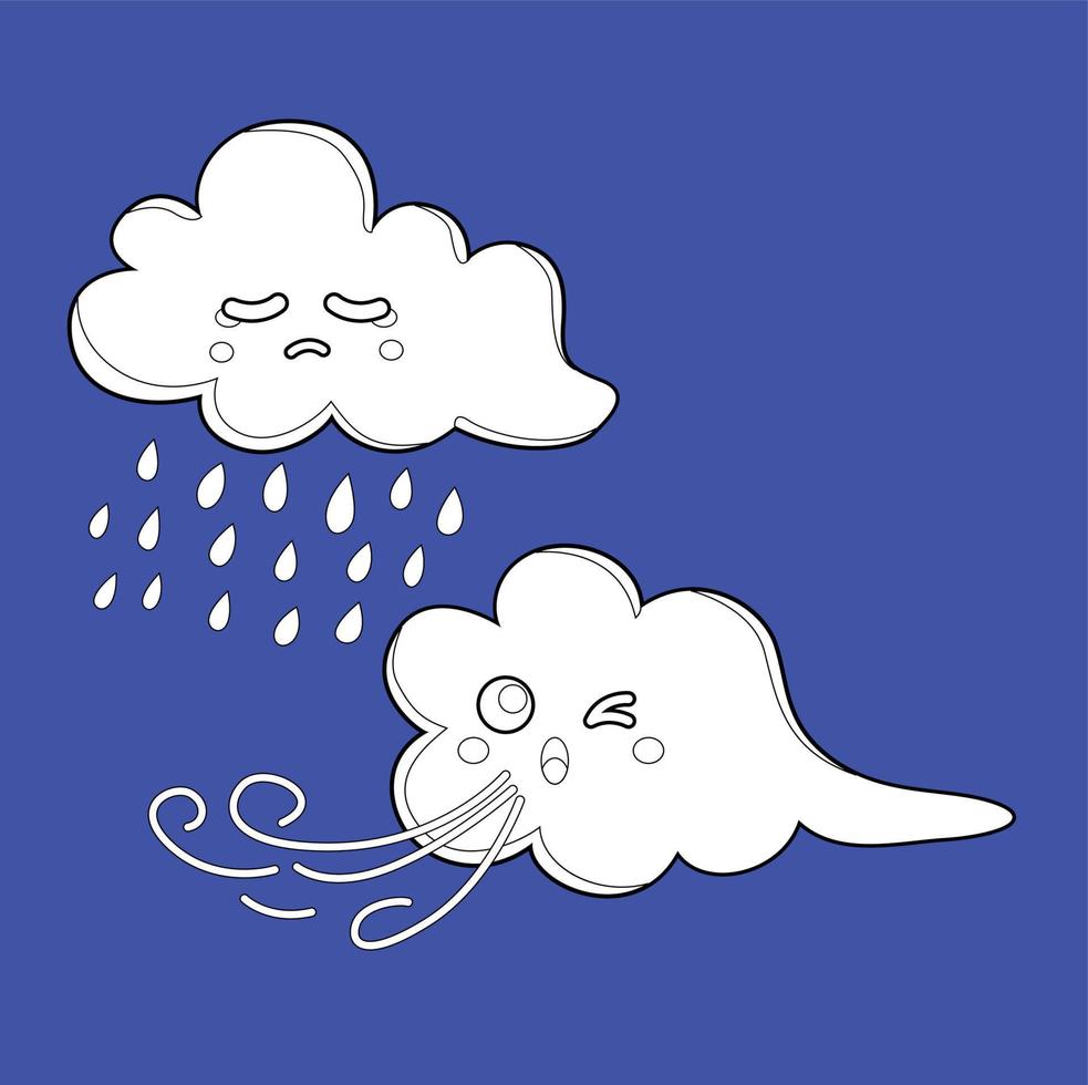 selo digital bonito dos desenhos animados do tempo da nuvem chuvosa e ventosa vetor