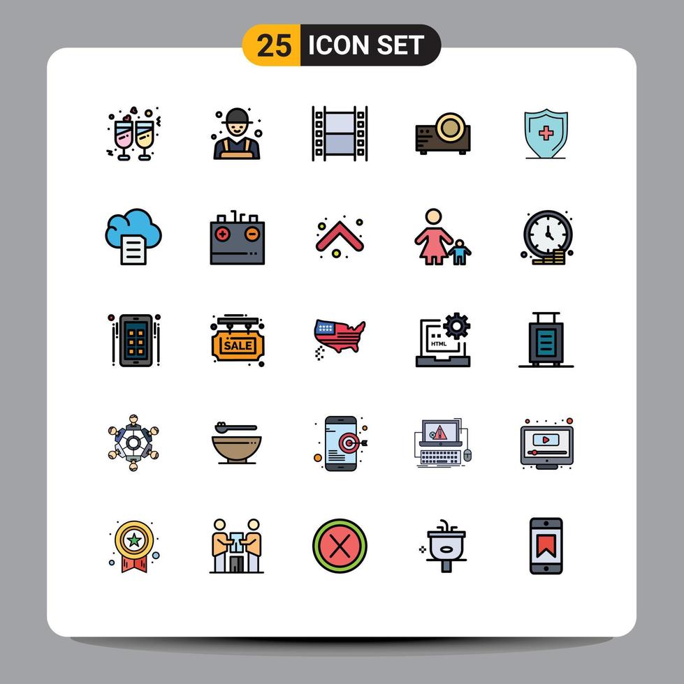 conjunto de cores planas de linha cheia de interface móvel de 25 pictogramas de sinal projetor de filme de mídia multimídia elementos de design de vetores editáveis