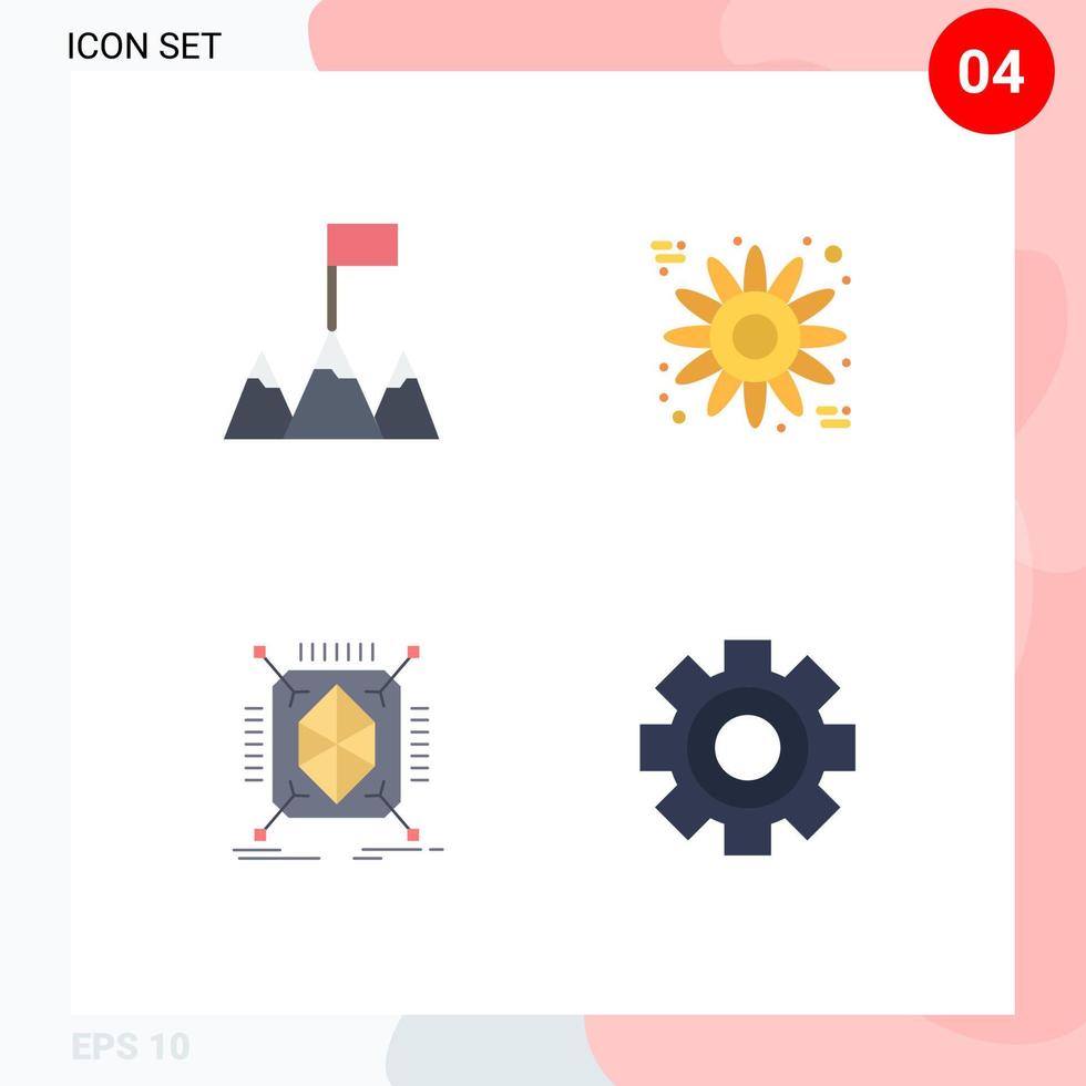 4 pacote de ícones planos de interface de usuário de sinais e símbolos modernos de configuração de prototipagem de girassol de engrenagem de bandeira elementos de design de vetores editáveis