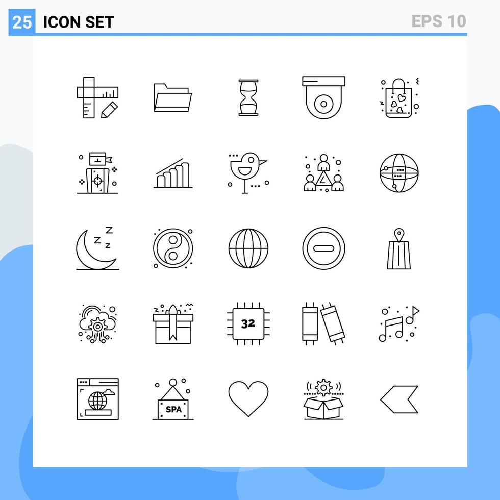 Conjunto de 25 linhas universais para aplicações web e móveis, segurança de presentes, timer de cúpula de negócios, elementos de design de vetores editáveis