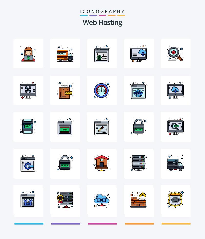 pacote de ícones cheios de 25 linhas de hospedagem criativa na web, como proteger. Varredura. controle web. erro. computador vetor