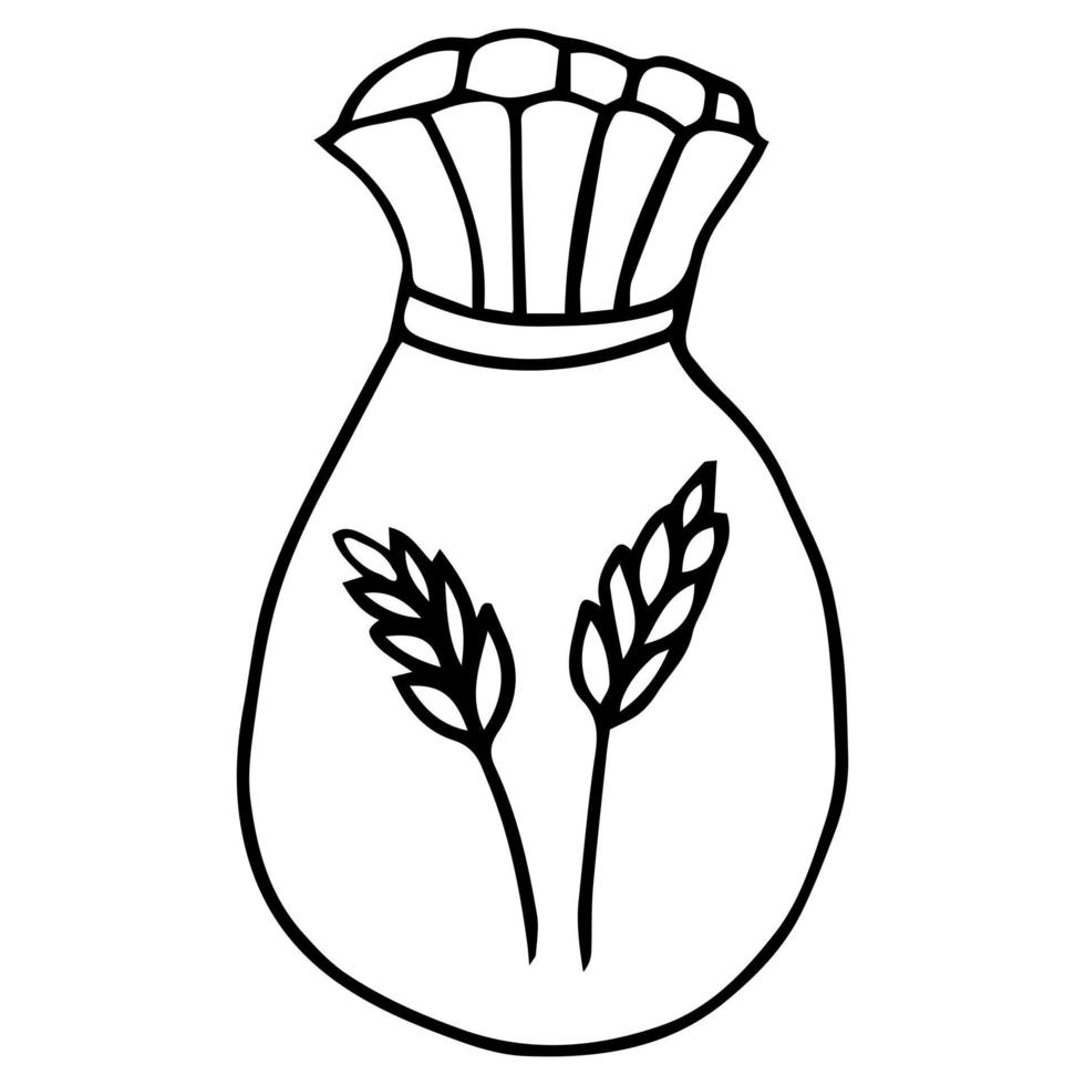 saco inteiro esboçado à mão de farinha de trigo e grãos isolados no fundo branco. ilustração vetorial vetor