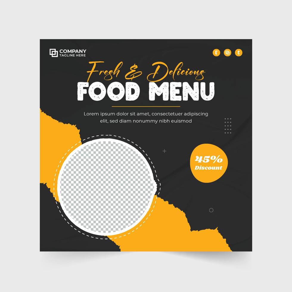 design de pôster de desconto de menu de comida de restaurante para marketing de mídia social. modelo promocional de negócios de alimentos especiais para pedidos online. vetor de postagem de mídia social de menu de comida com cores escuras e amarelas.