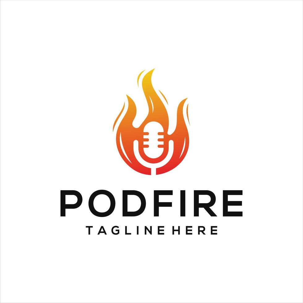 logotipo de design de microfone de microfone de podcast e logotipo de fogo. vetor