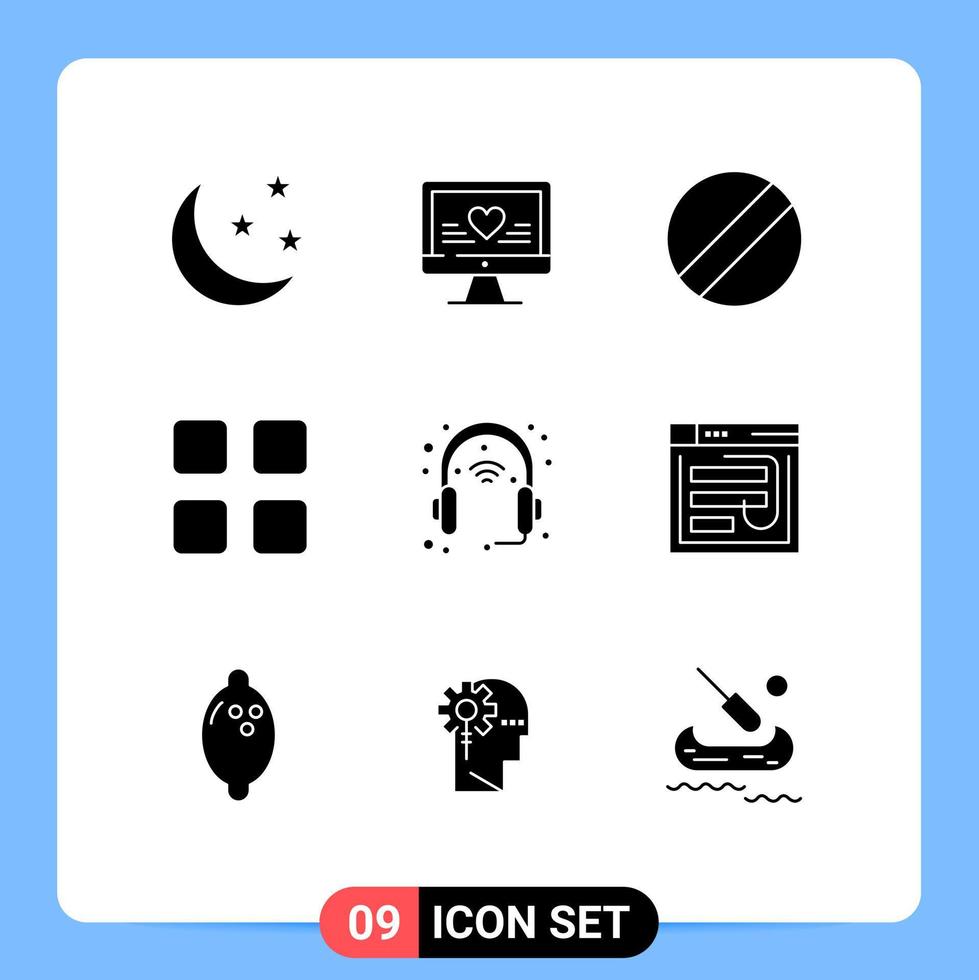 grupo de símbolos de ícone universal de 9 glifos sólidos modernos de fone de ouvido gadget lâmina dispositivo educação elementos de design de vetores editáveis