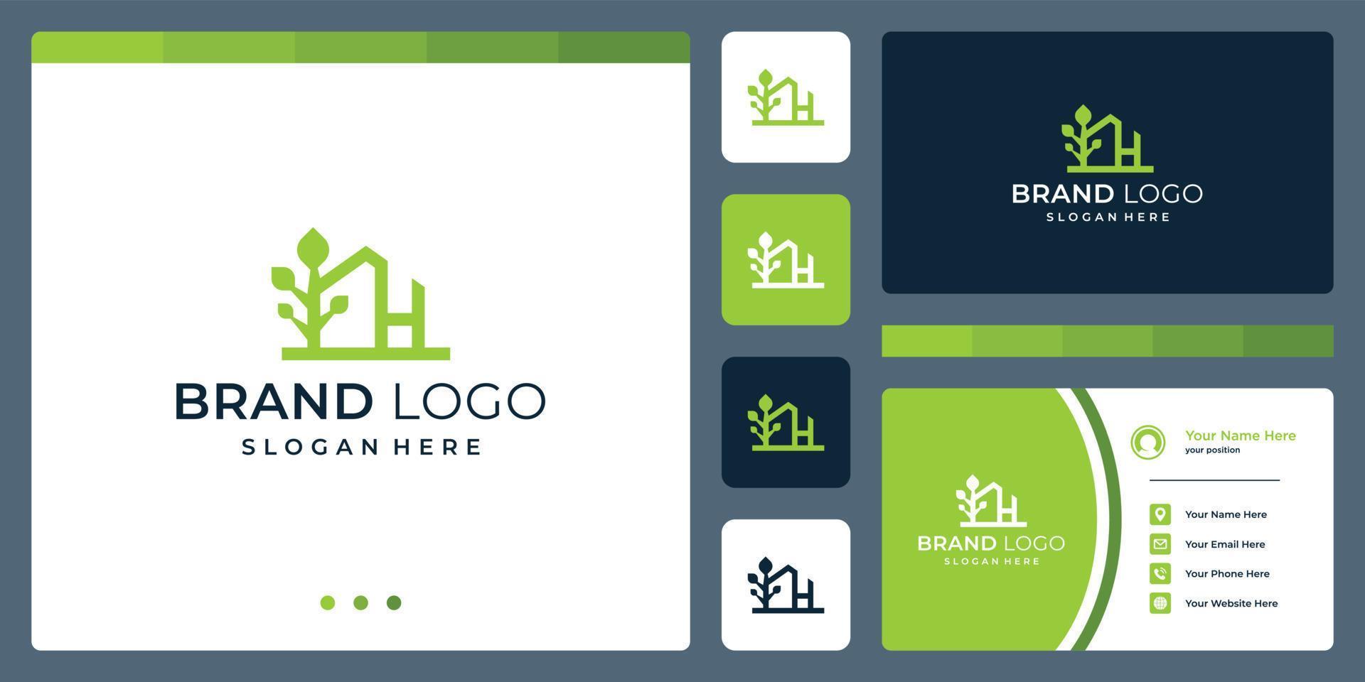 logotipo que combina formas de casa e uma forma abstrata de árvore. e letra h. cartões de negócios. vetor