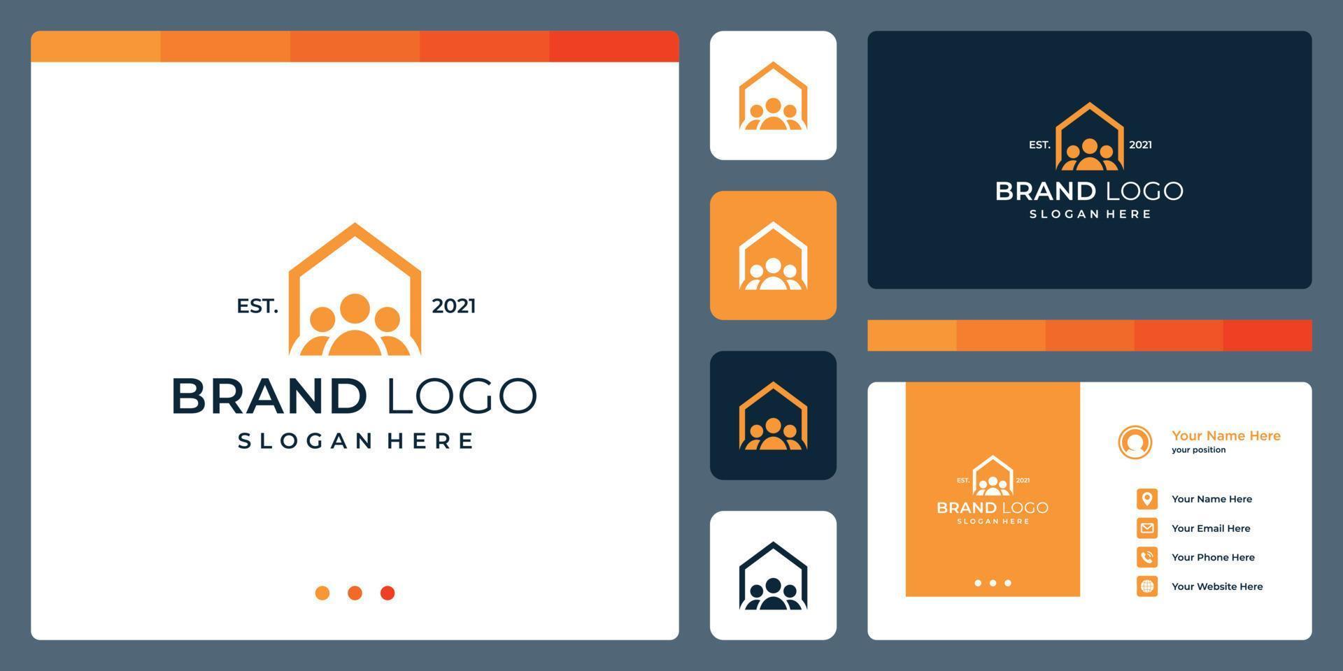 logotipo que combina formas de casa e trabalho em equipe. cartões de negócios. vetor