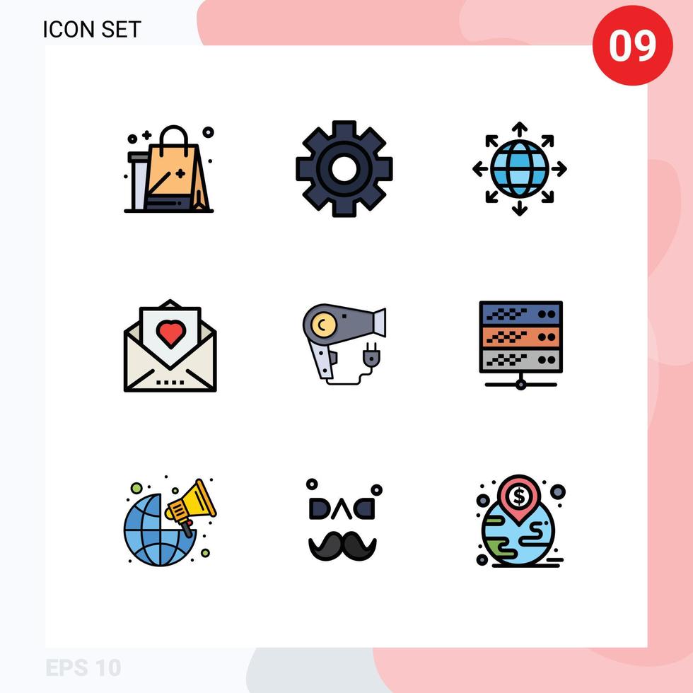 pacote de interface do usuário de 9 cores planas básicas de linhas preenchidas de carta de amor de ação de graças ciência amor mundo elementos de design de vetores editáveis