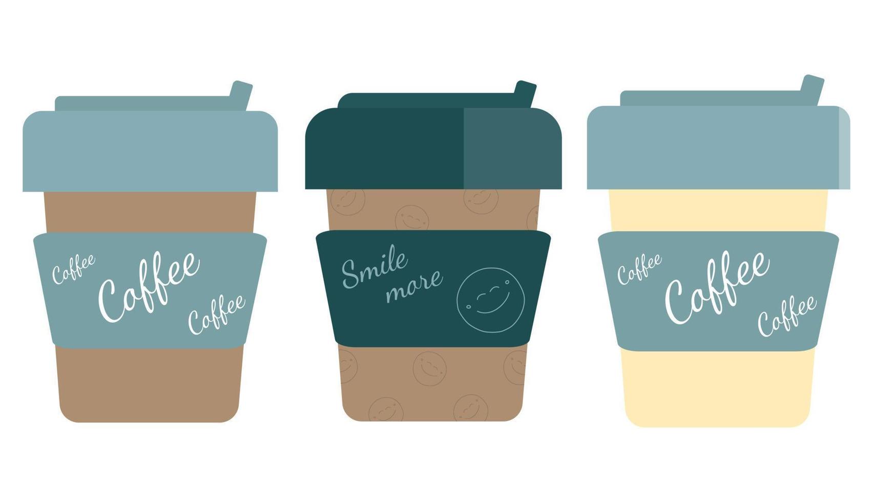 conjunto de copos de papel descartáveis para café com diferentes inscrições e combinações de cores no vetor