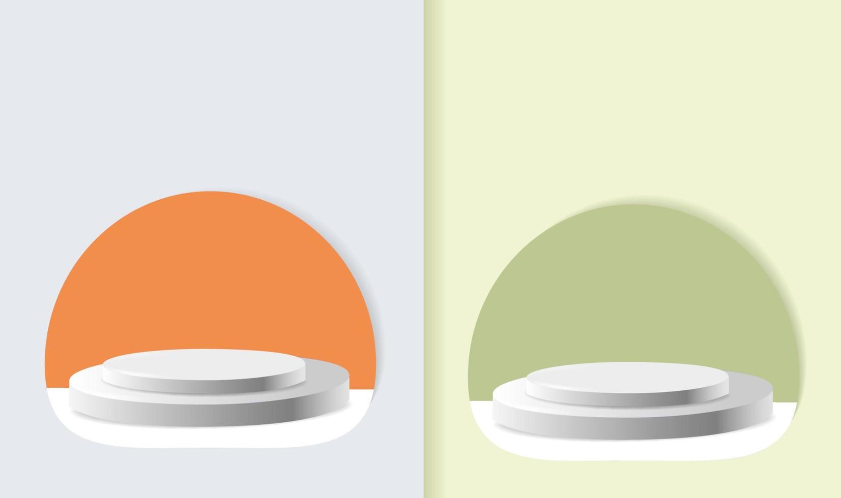 definir pódio pódio branco realista 3d cilíndrico pedestal definido em laranja pastel e fundo semicírculo verde. plataforma geométrica de renderização de vetor abstrato. apresentação de exibição do produto