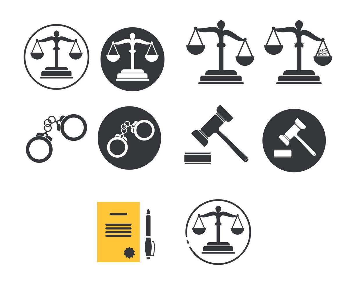ícone de escala de justiça legal, ícone de algemas, bem como um notebook vetor