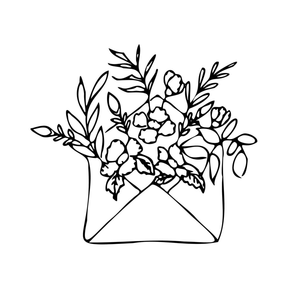 envelope de coração de flor. carta com flores. estilo rabisco. vetor