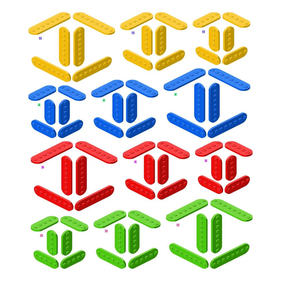 conjunto de kit construtor colorido em isometria. elemento 3d. ilustração vetorial. vetor