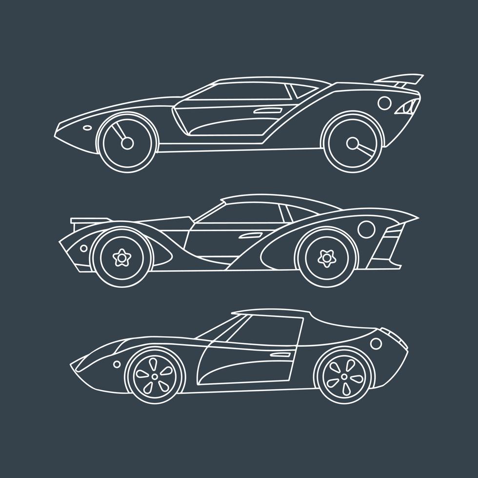 desenhados carros esportivos lineares. definido para impressão. projeto. ilustração vetorial vetor