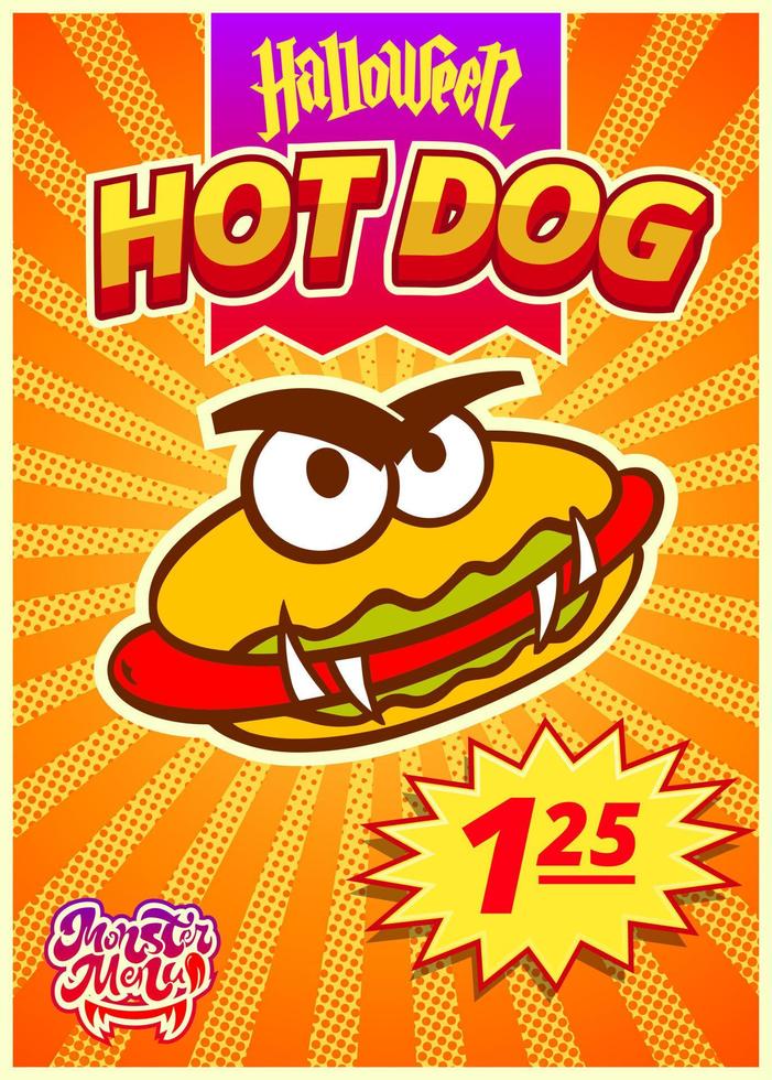 monstro de menu com cachorro-quente. banner vertical com etiqueta de preço para café de fast-food para o dia de halloween. ilustração vetorial. vetor