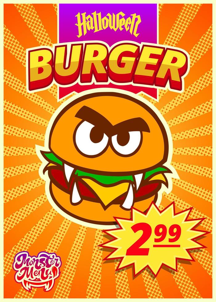 monstro de menu com hambúrguer. um banner vertical com uma etiqueta de preço para um café de fast-food no dia das bruxas. ilustração vetorial. vetor