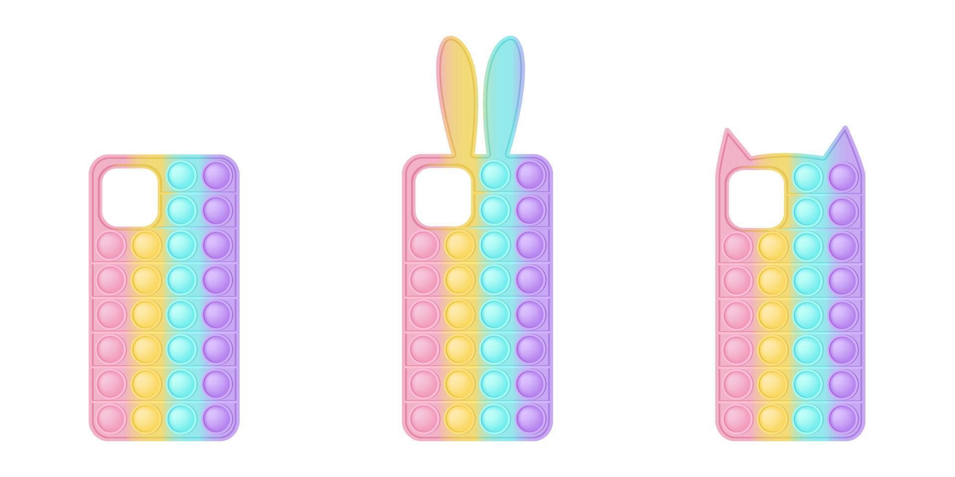 capas de celular em forma de brinquedo popping para inquietações. as capas são em cores pastel do arco-íris com orelhas de coelho e gatinho e uma forma simples. ilustração vetorial isolada vetor