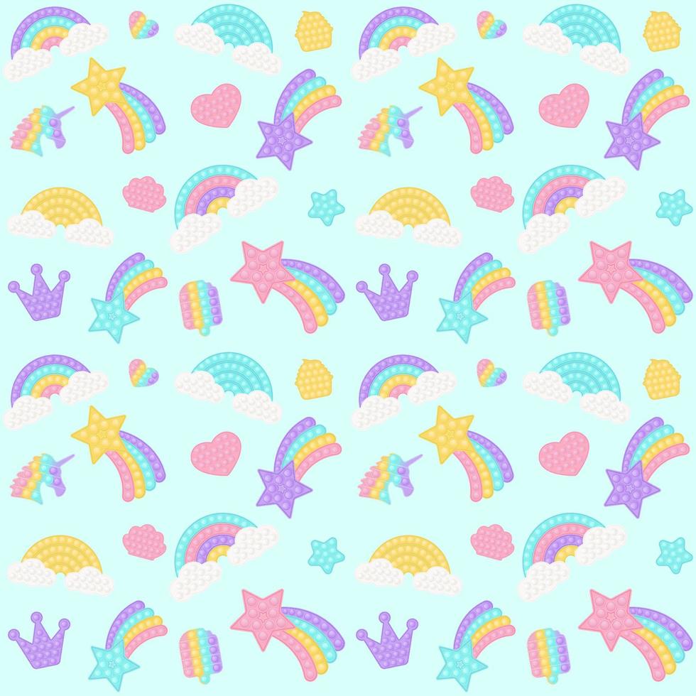 fundo de brinquedo popping com brinquedos de fidget de silicone na moda. brinquedo bolha viciante em cores pastel. fundo com arco-íris, estrela. ilustração vetorial no fundo roxo. vetor