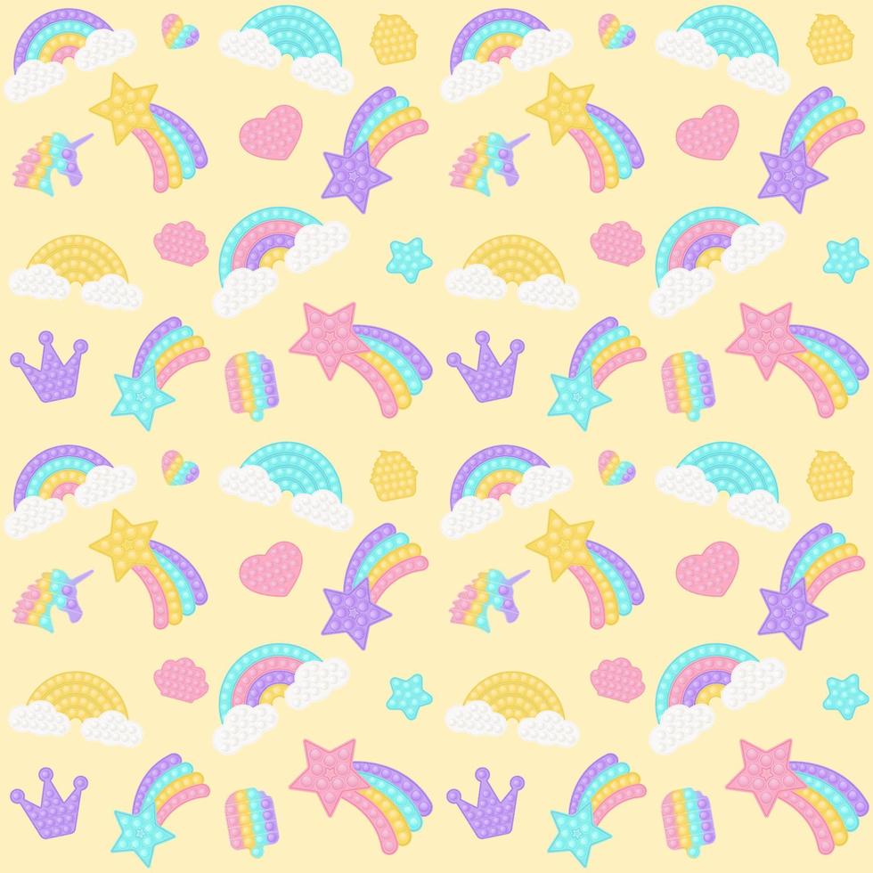 fundo de brinquedo popping com brinquedos de fidget de silicone na moda. brinquedo bolha viciante em cores pastel. fundo com arco-íris, estrela. ilustração vetorial em fundo amarelo. vetor