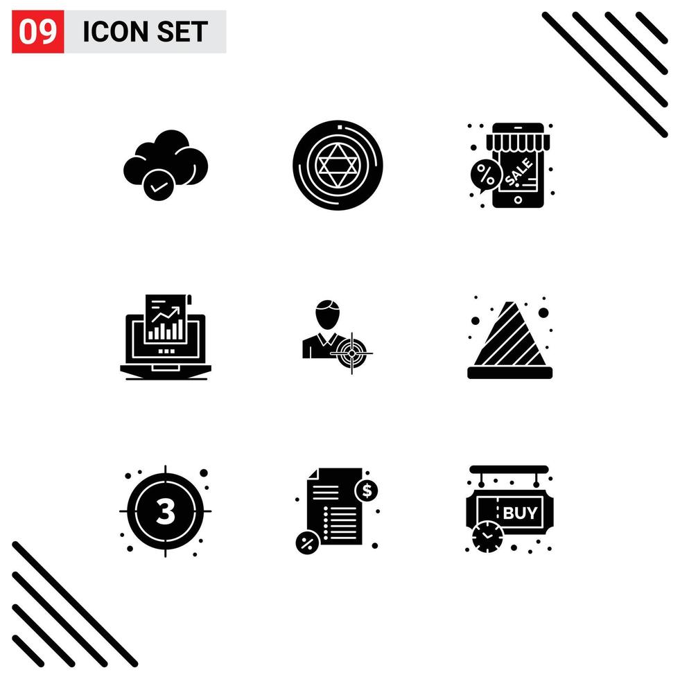 conjunto de 9 sinais de símbolos de ícones de interface do usuário modernos para desconto de vendas de computador, loja de relatório, elementos de design de vetores editáveis
